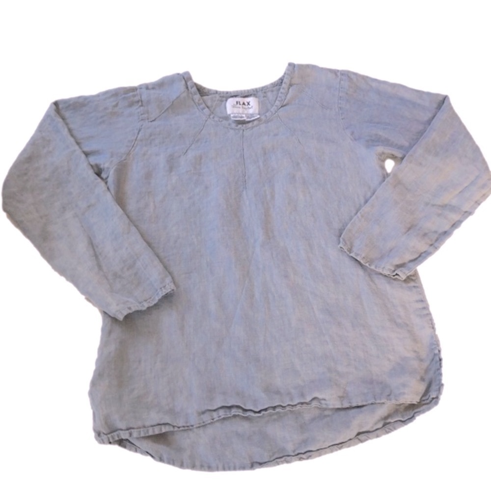 Flax Blue Tunic Minimalist 100% Linen Long Sleeves w/ Pintuck Detail Sz SP - Picture 7 of 11